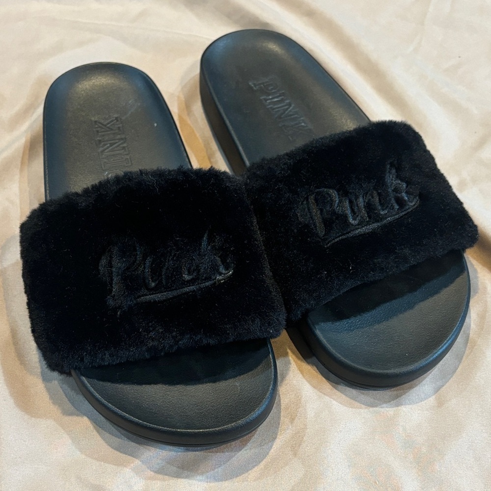 Black Fuzzy Slide Sandals